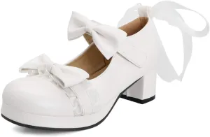 VOKLIN Women's Girls Sweet Bow Lolita Mary Jane Shoes Ankle Strap Platform Block Mid Heel Oxford Dress Pumps