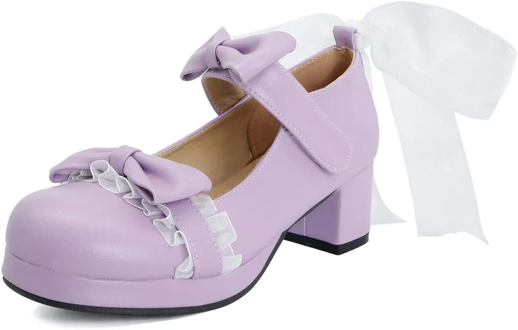 VOKLIN Women's Girls Sweet Bow Lolita Mary Jane Shoes Ankle Strap Platform Block Mid Heel Oxford Dress Pumps