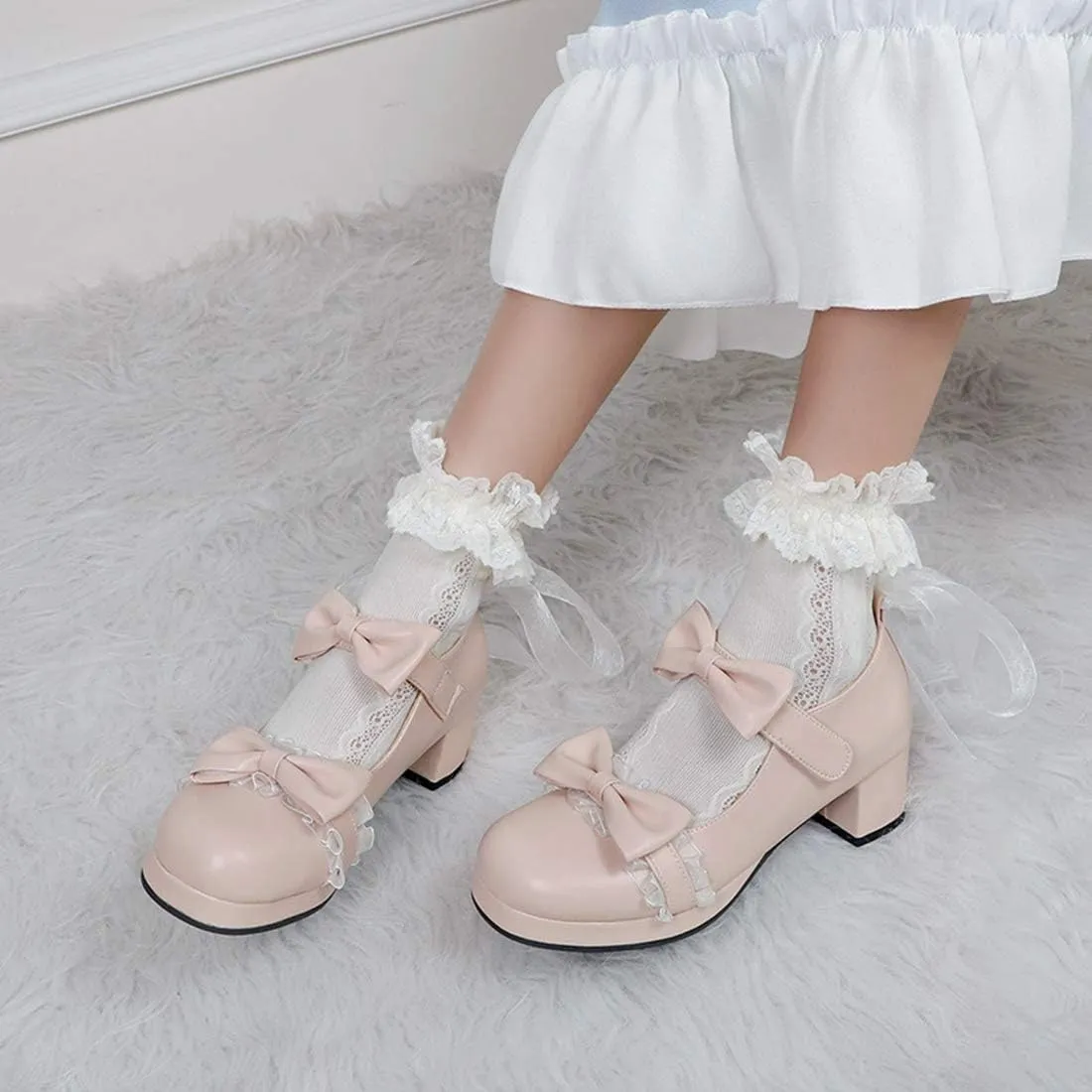 VOKLIN Women's Girls Sweet Bow Lolita Mary Jane Shoes Ankle Strap Platform Block Mid Heel Oxford Dress Pumps