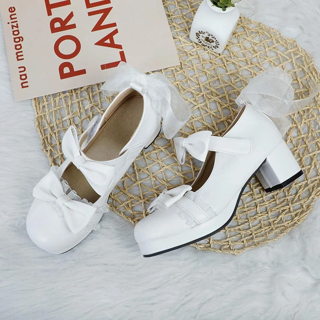 VOKLIN Women's Girls Sweet Bow Lolita Mary Jane Shoes Ankle Strap Platform Block Mid Heel Oxford Dress Pumps