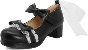 VOKLIN Women's Girls Sweet Bow Lolita Mary Jane Shoes Ankle Strap Platform Block Mid Heel Oxford Dress Pumps