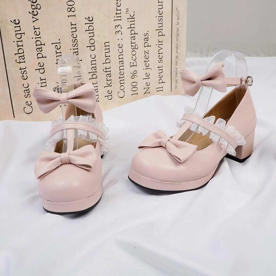 VOKLIN Women's Girls Sweet Bow Lolita Mary Janes Pumps Ankle Strap Platform Block Mid Heel Oxford Dress Shoes