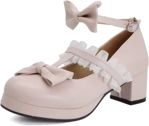 VOKLIN Women's Girls Sweet Bow Lolita Mary Janes Pumps Ankle Strap Platform Block Mid Heel Oxford Dress Shoes