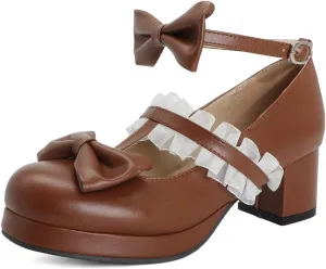 VOKLIN Women's Girls Sweet Bow Lolita Mary Janes Pumps Ankle Strap Platform Block Mid Heel Oxford Dress Shoes