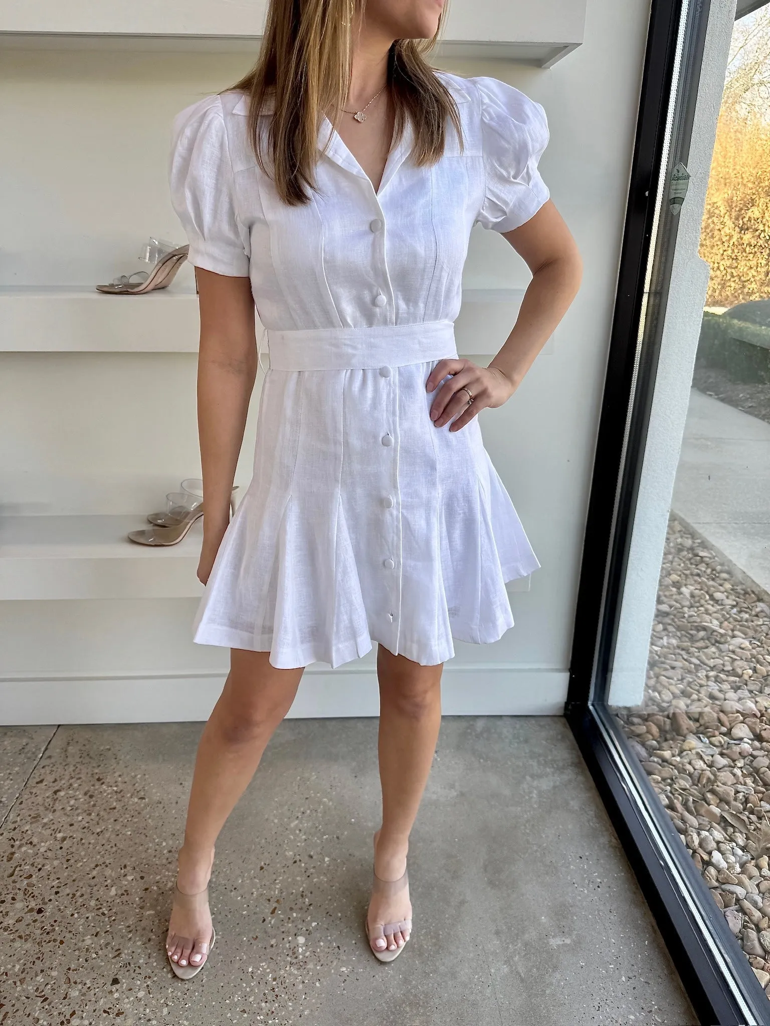White Linen Belted Dress