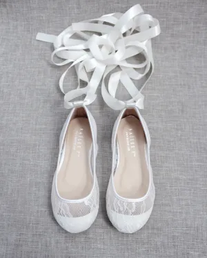 White New Lace Ballerina Flats with Ballerina Lace Up