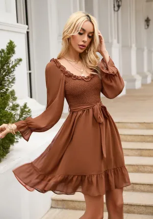 Women Ruffle Sweetheart Neckline Dress Smocked Long Puff Sleeve A-line Cocktail Party Short Mini Dresses