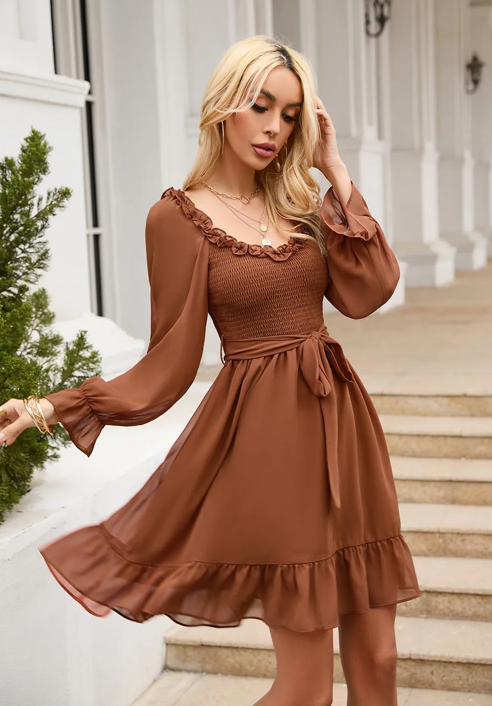 Women Ruffle Sweetheart Neckline Dress Smocked Long Puff Sleeve A-line Cocktail Party Short Mini Dresses