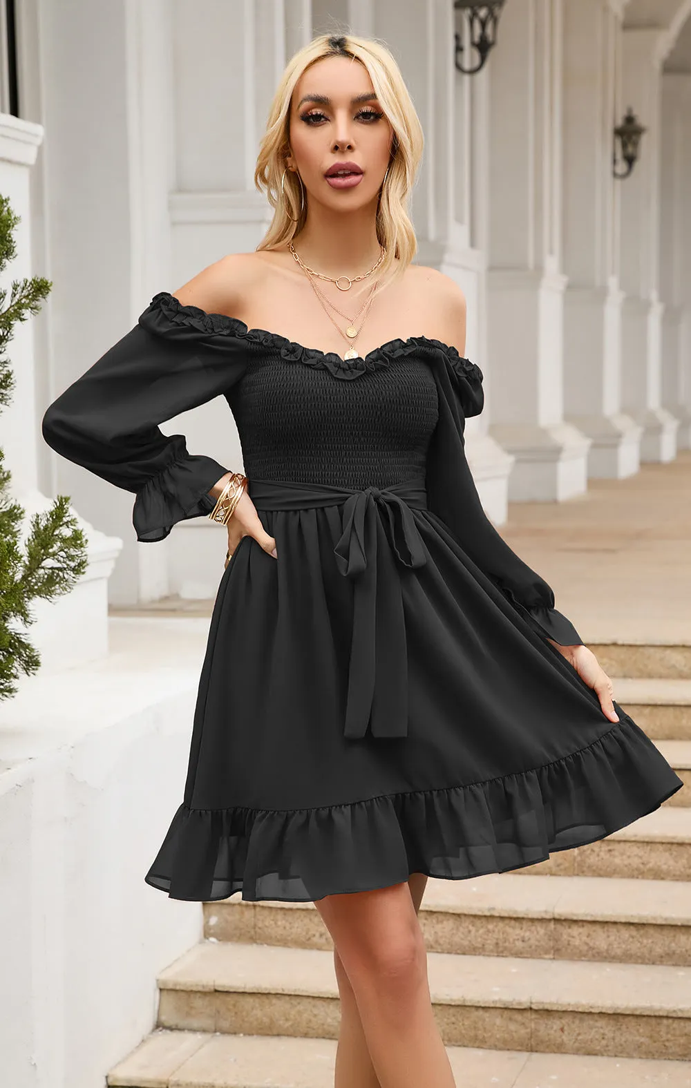 Women Ruffle Sweetheart Neckline Dress Smocked Long Puff Sleeve A-line Cocktail Party Short Mini Dresses
