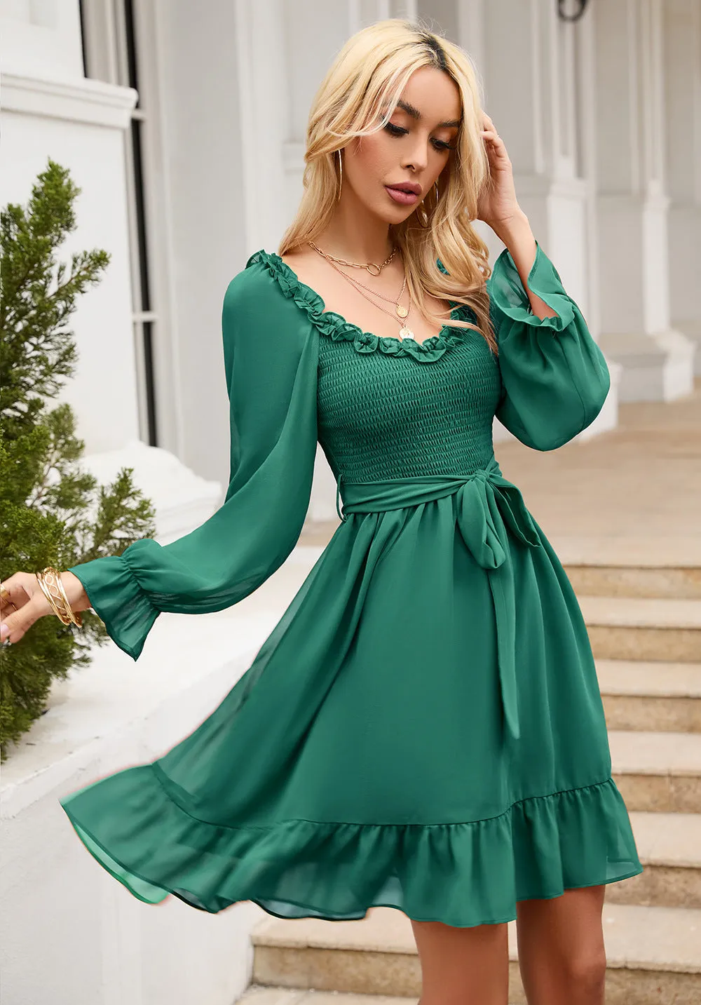 Women Ruffle Sweetheart Neckline Dress Smocked Long Puff Sleeve A-line Cocktail Party Short Mini Dresses