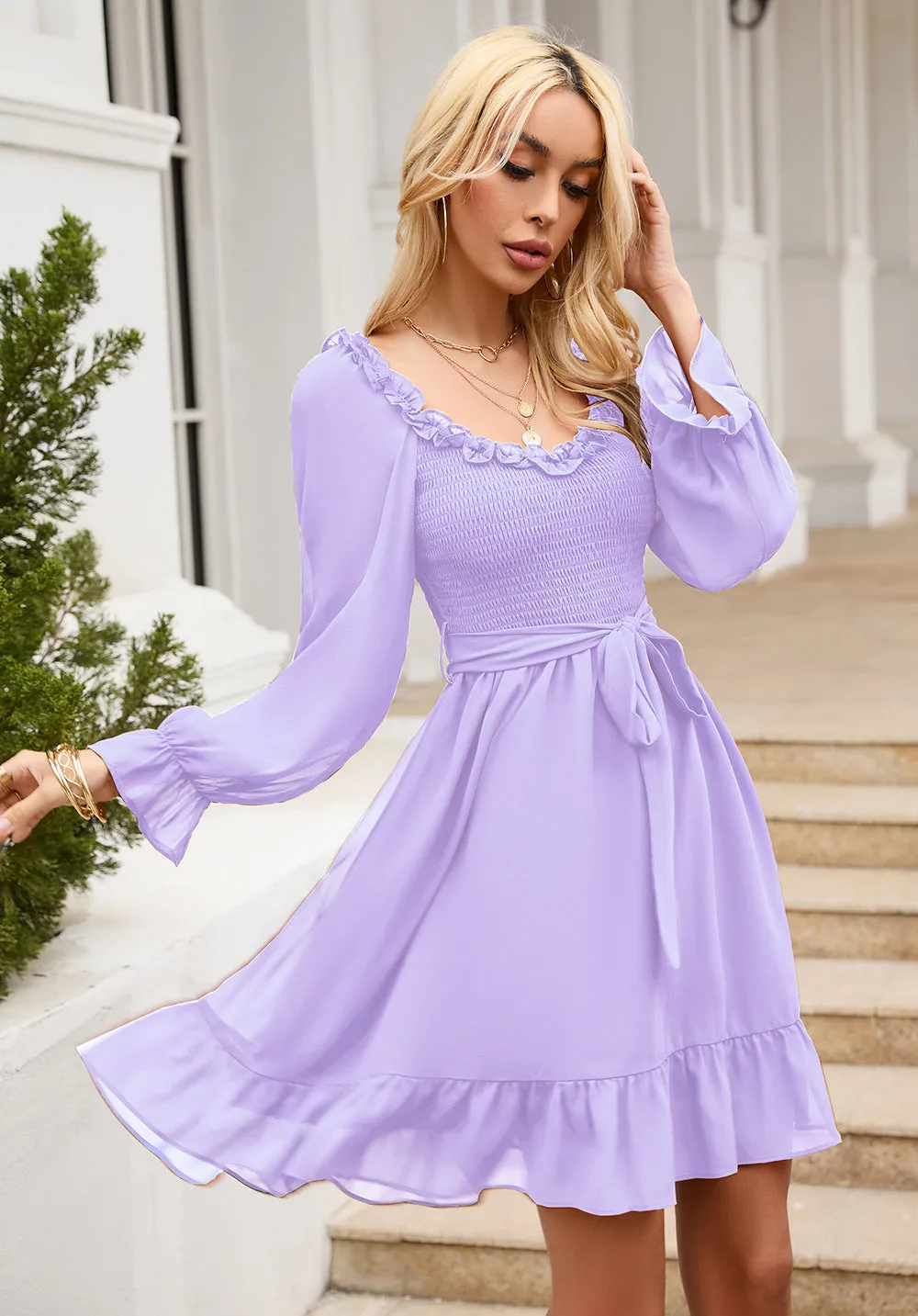 Women Ruffle Sweetheart Neckline Dress Smocked Long Puff Sleeve A-line Cocktail Party Short Mini Dresses