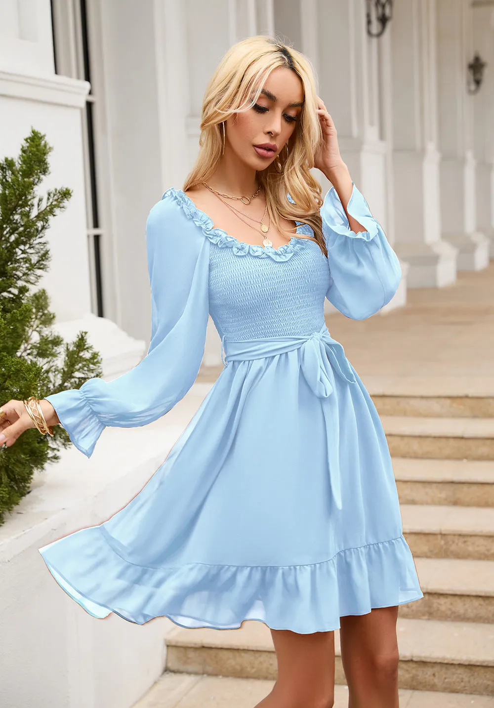 Women Ruffle Sweetheart Neckline Dress Smocked Long Puff Sleeve A-line Cocktail Party Short Mini Dresses