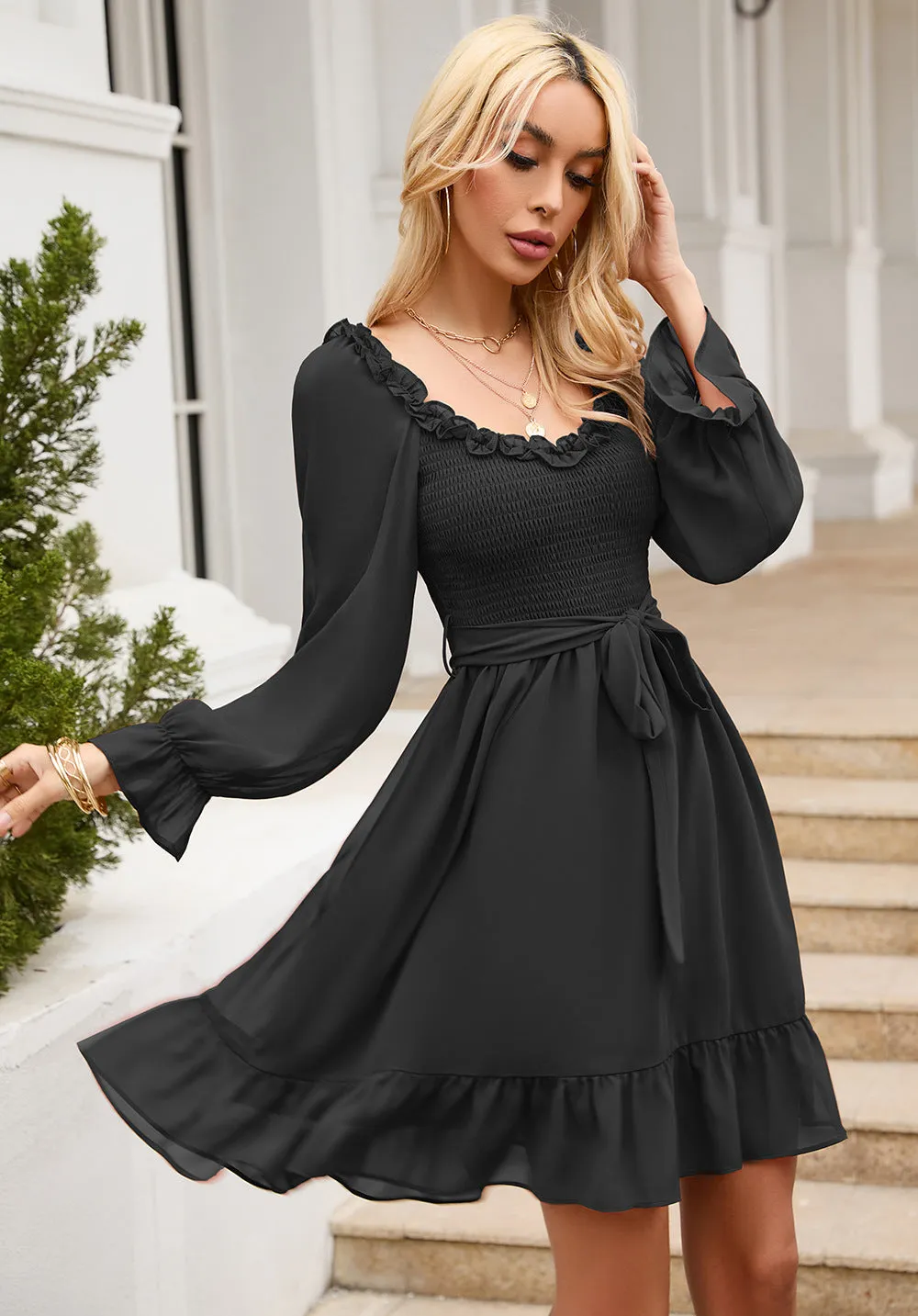 Women Ruffle Sweetheart Neckline Dress Smocked Long Puff Sleeve A-line Cocktail Party Short Mini Dresses
