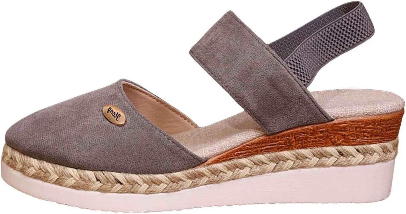 Womens Closed Toe Elastic Ankle Strap Espadrilles Wedge Sandals Orthopedic Platform Wedge Espadrilles Ankle Strap Sandals Comfortable Anti Slip Beach Casual Shoes