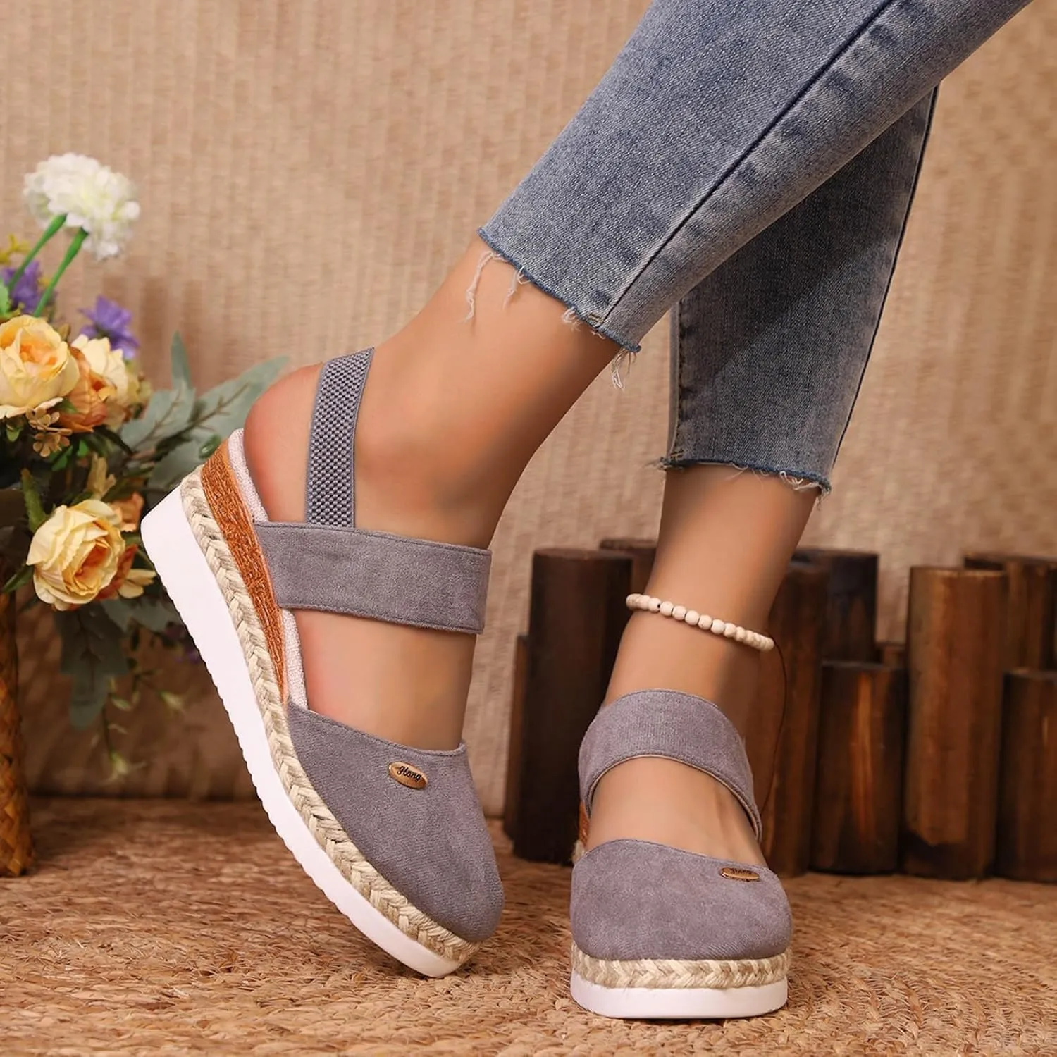 Womens Closed Toe Elastic Ankle Strap Espadrilles Wedge Sandals Orthopedic Platform Wedge Espadrilles Ankle Strap Sandals Comfortable Anti Slip Beach Casual Shoes