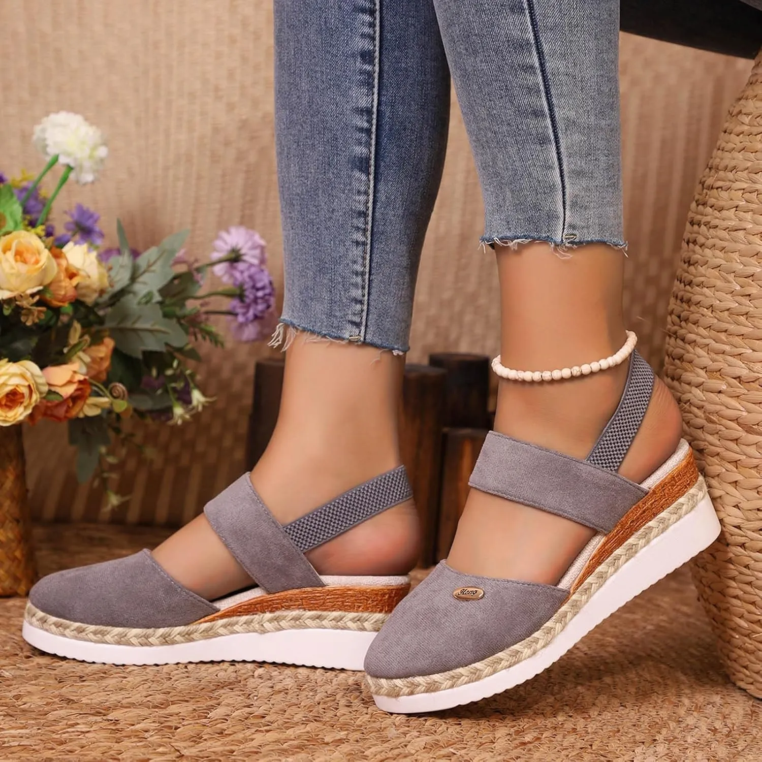 Womens Closed Toe Elastic Ankle Strap Espadrilles Wedge Sandals Orthopedic Platform Wedge Espadrilles Ankle Strap Sandals Comfortable Anti Slip Beach Casual Shoes