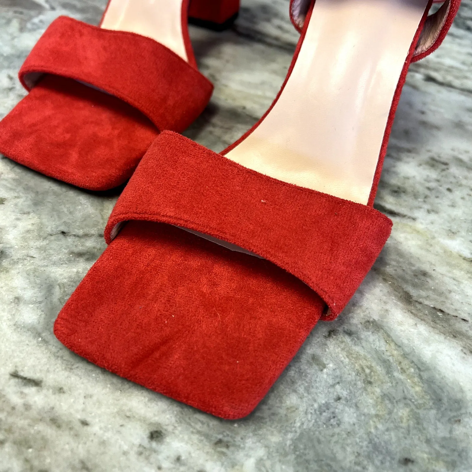 Women's Red Suede Square Toe Block Platform Heel Size 9.5