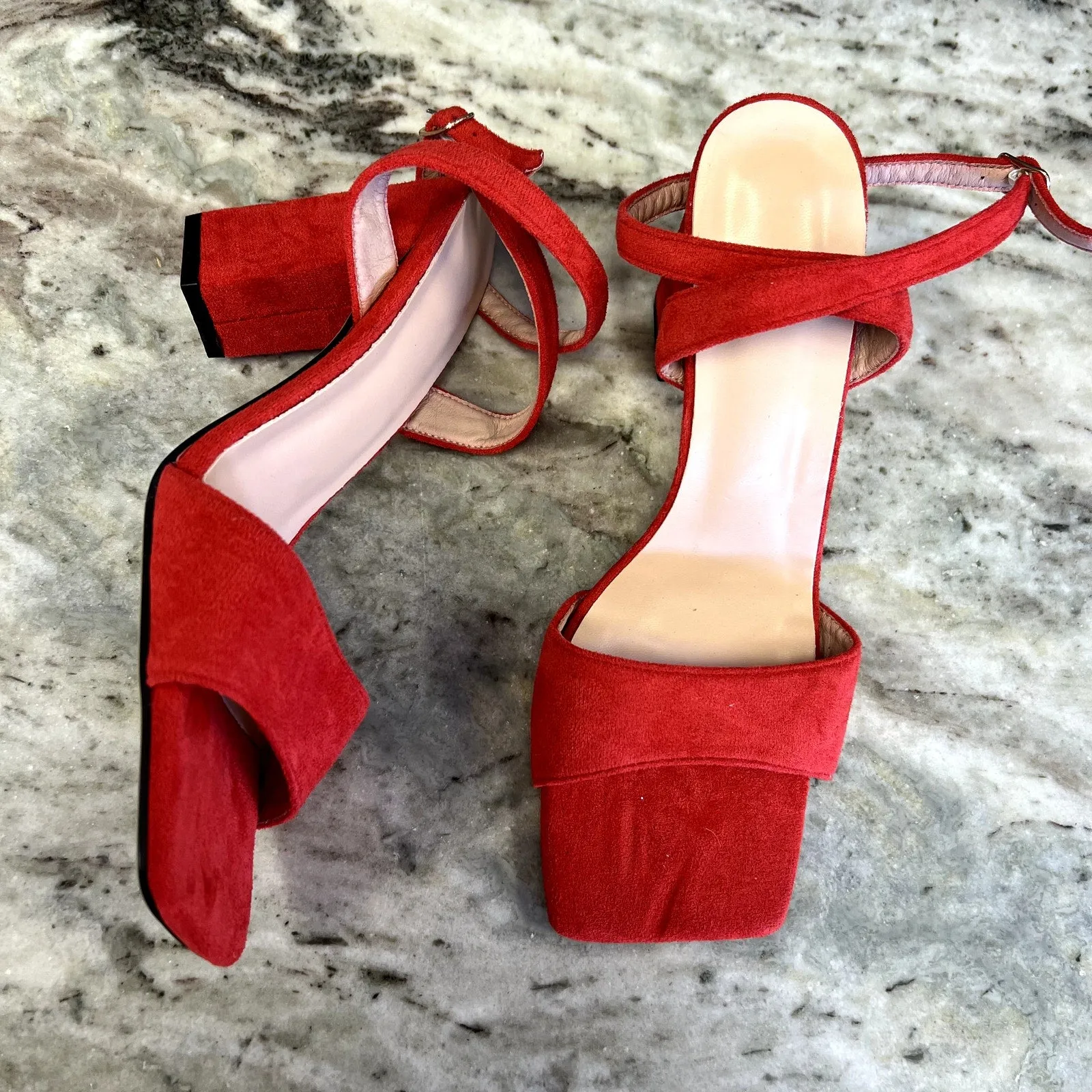 Women's Red Suede Square Toe Block Platform Heel Size 9.5