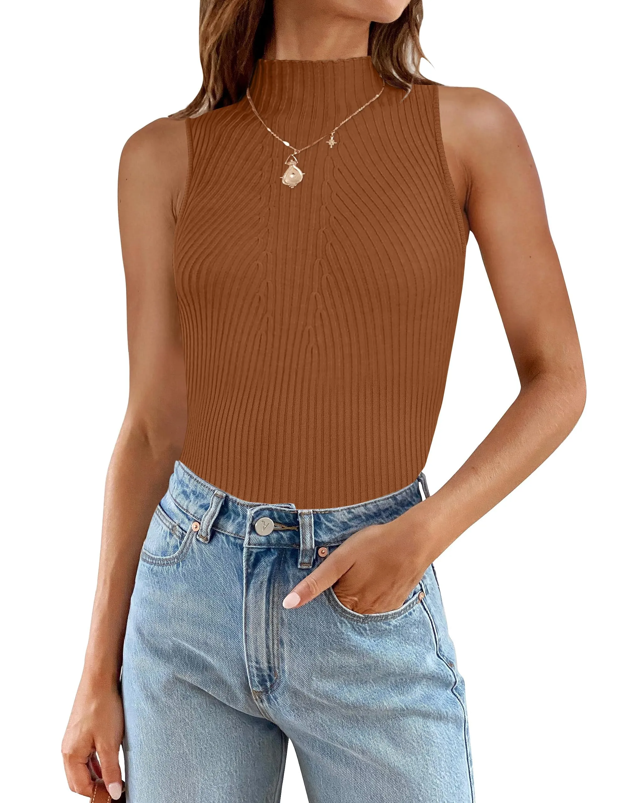 ZESICA Mock Turtleneck Ribbed Knit Slim Fitted Tank Top