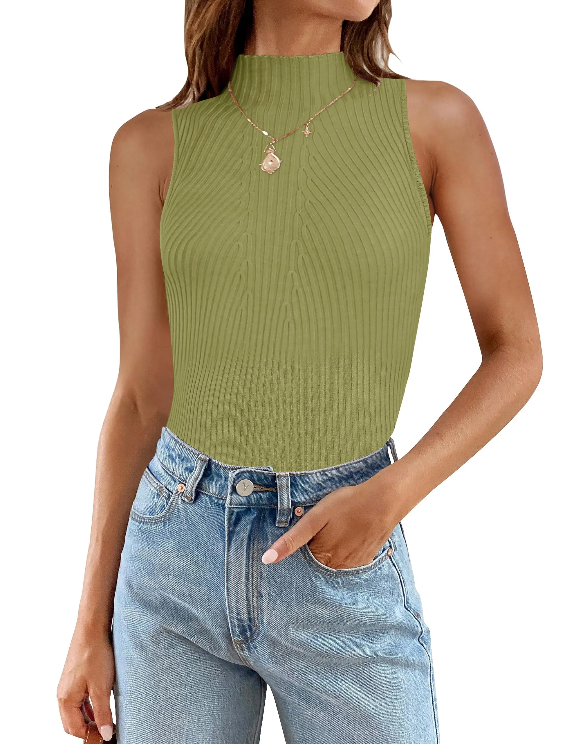 ZESICA Mock Turtleneck Ribbed Knit Slim Fitted Tank Top