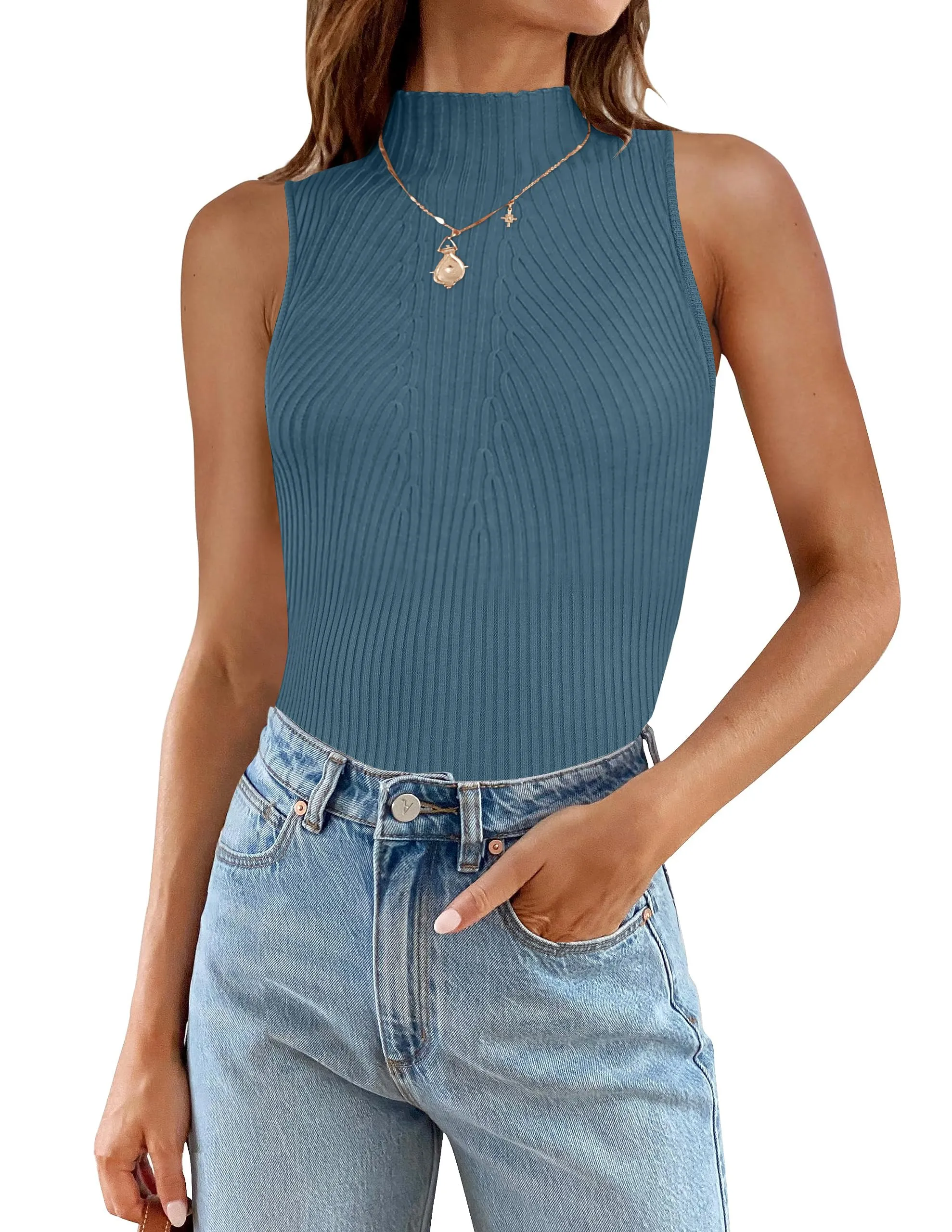 ZESICA Mock Turtleneck Ribbed Knit Slim Fitted Tank Top