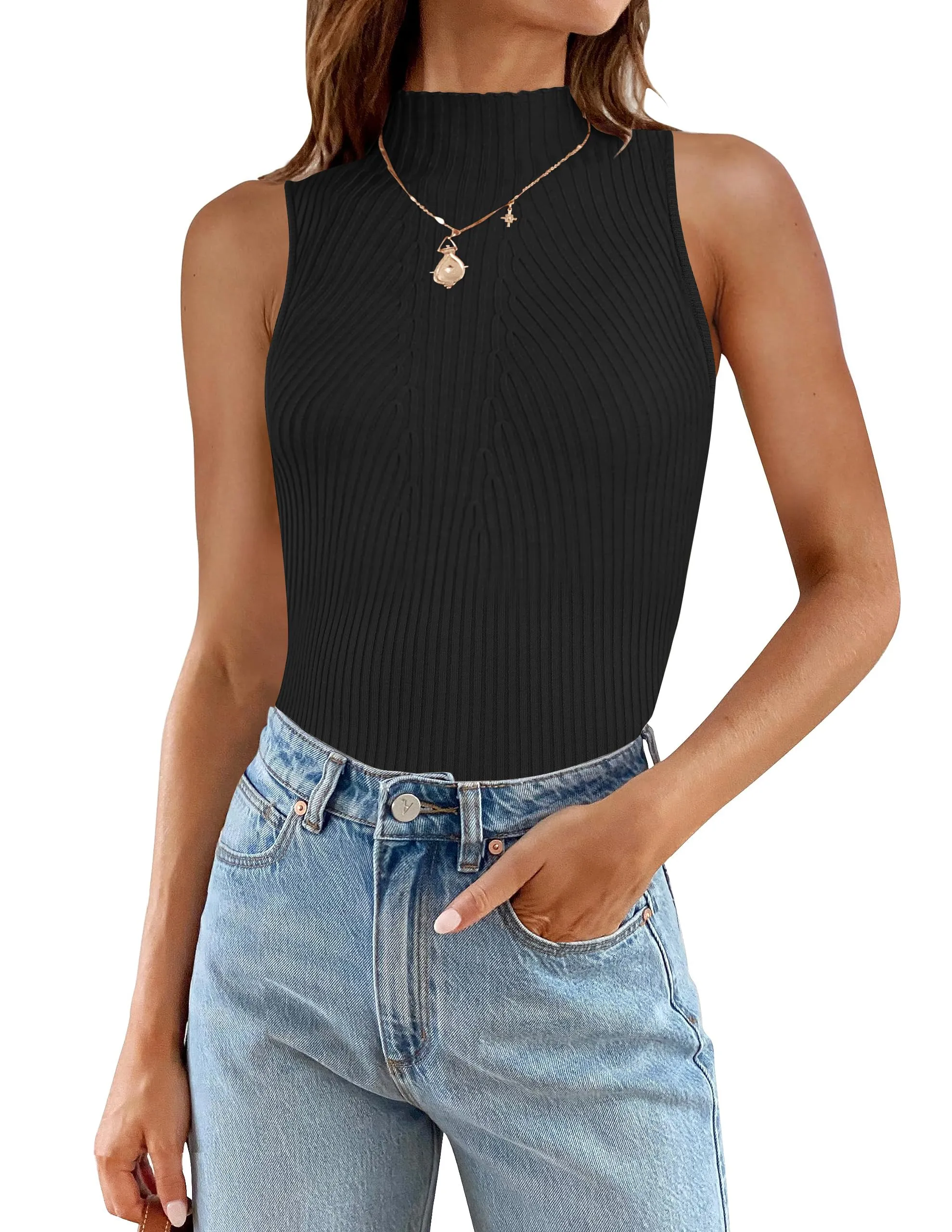 ZESICA Mock Turtleneck Ribbed Knit Slim Fitted Tank Top